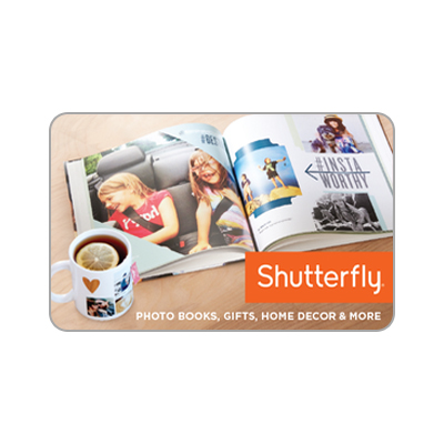 SHUTTERFLY<sup>&reg;</sup> $25 Gift Card - Upload your favorite photos, add text, and customize the colors.  You can create one-of-a-kind photo gifts your recipient will love. From coffee mugs and puzzles to phone cases, water bottles, and more — the opportunities are endless when you create personalized gifts with Shutterfly.